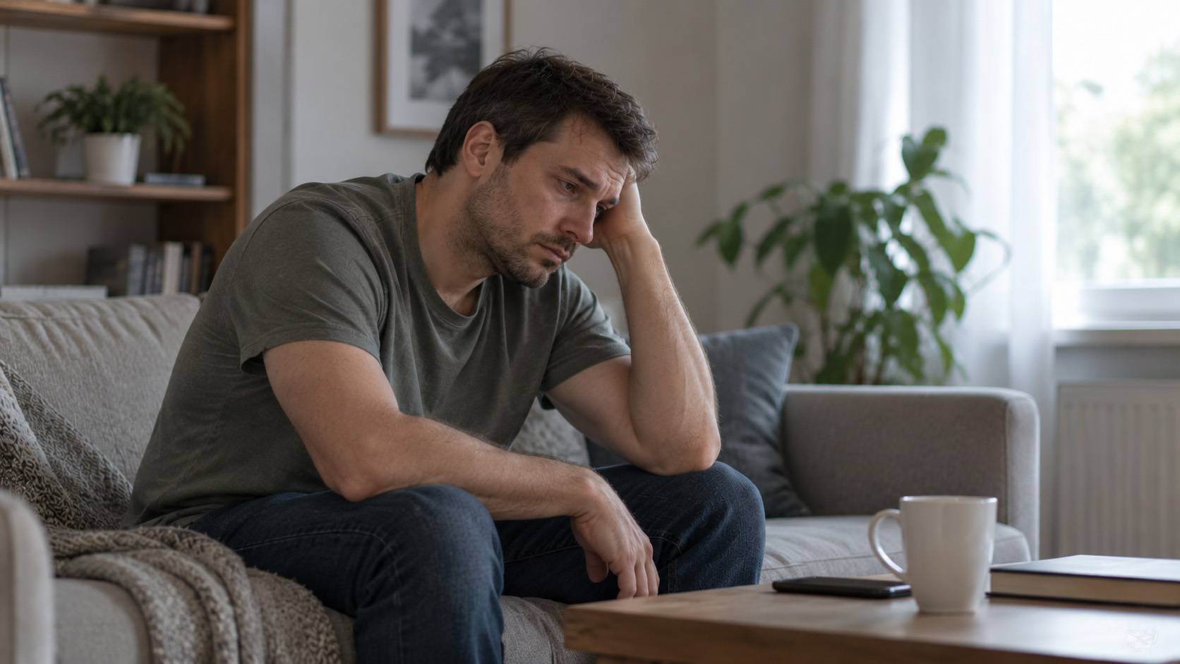 Мужчина сидит на диване дома, опустив голову и опираясь на руку, — иллюстрация апатии, эмоциональной отстранённости и снижения мотивации.